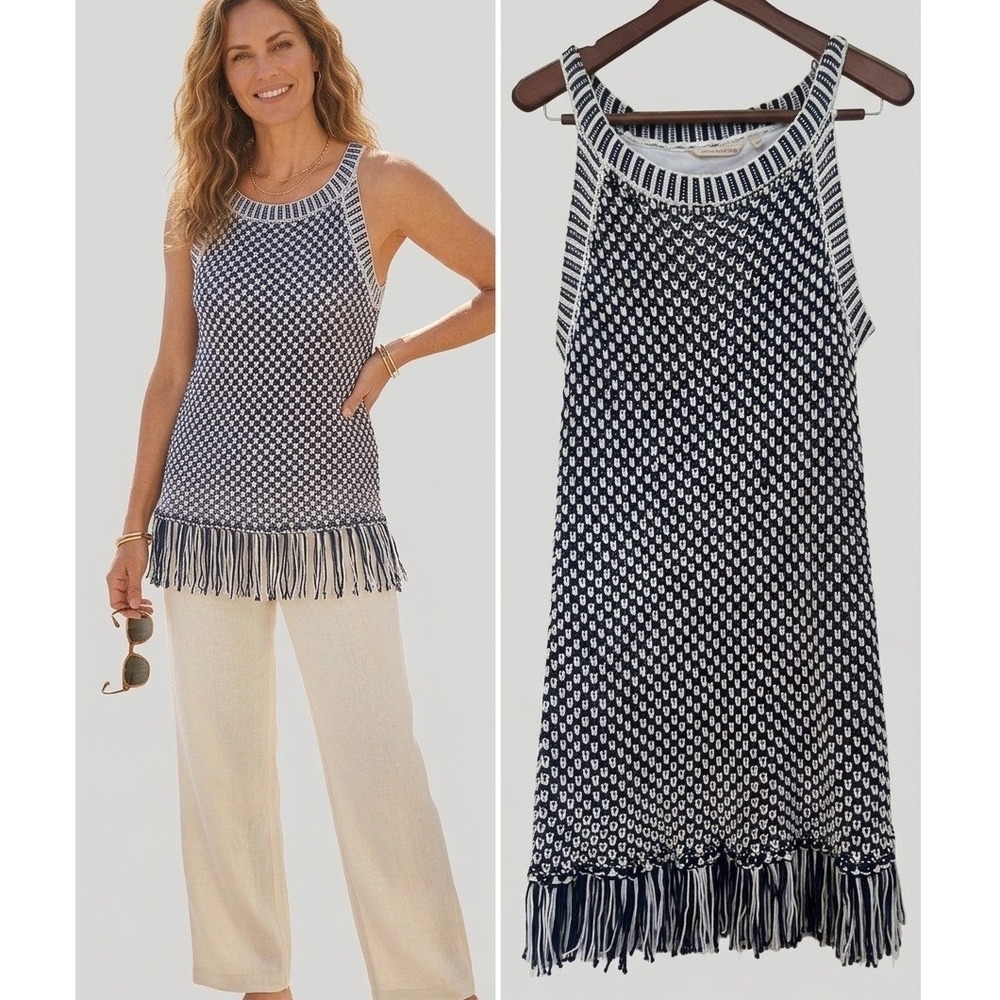 NWT Soft Surroundings Bambado Fringe Tank Top Navy White Crochet Large Coastal